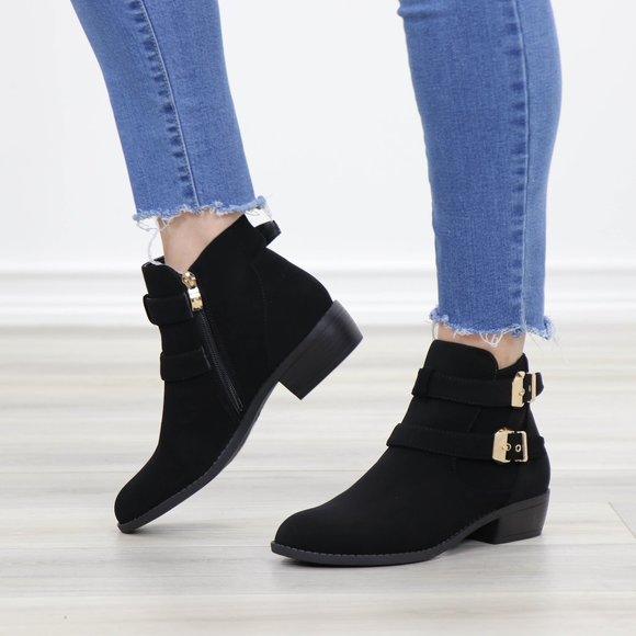 Black Velvet Ankle Boots Gold Buckles Booties - Picture 11 of 13